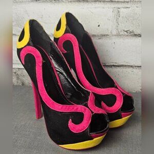 Shiekh Velvet Platform Stilettos Black Pink Yellow Flame Heels Size 6